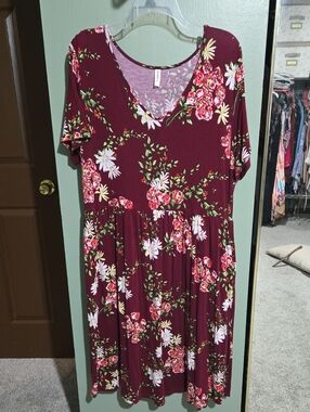 Floral V-Neck Burgundy Women’s Dress